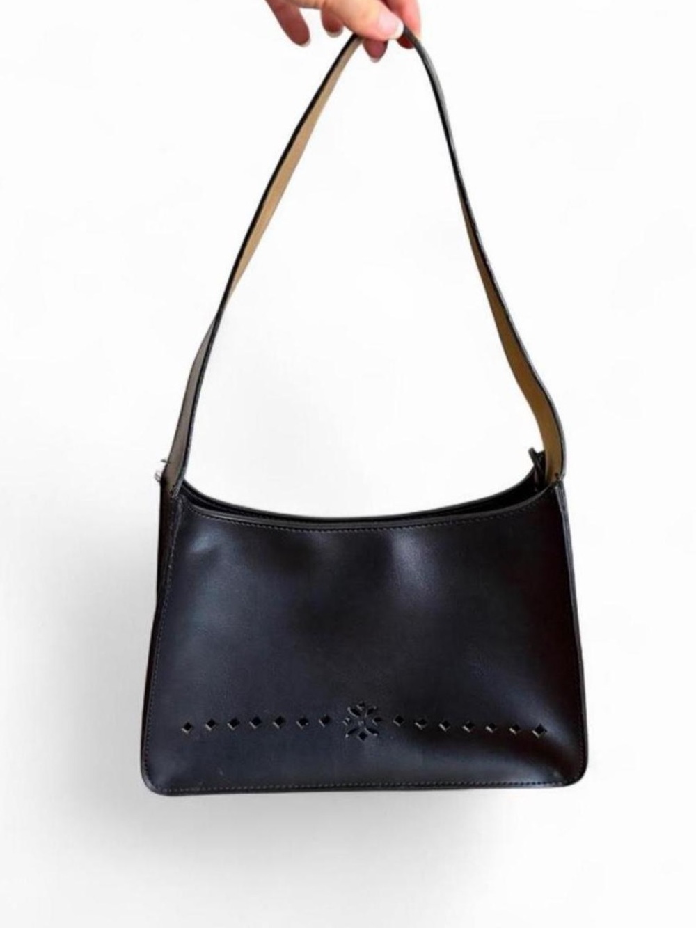 Y2K floral cutout shoulder bag purse black faux leather structured minimalist